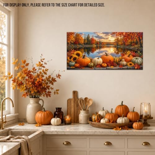 WAXWHELK Fall Canvas Wall Art Pumpkin Autumn Lake Landscape Painting Pictures, Rustic Farmhouse Thanksgiving Artwork for Bedroom Living Room Home Decor, (12"x24") - Image 3