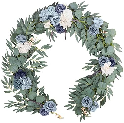 Emivery Artificial Dusty Blue Rose Garland Greenery Eucalyptus Willow Garland with Flowers Sweetheart Table Centerpieces Party Wedding Ceremony Backdrop Arch Floral Arrangement 6FT by Emivery