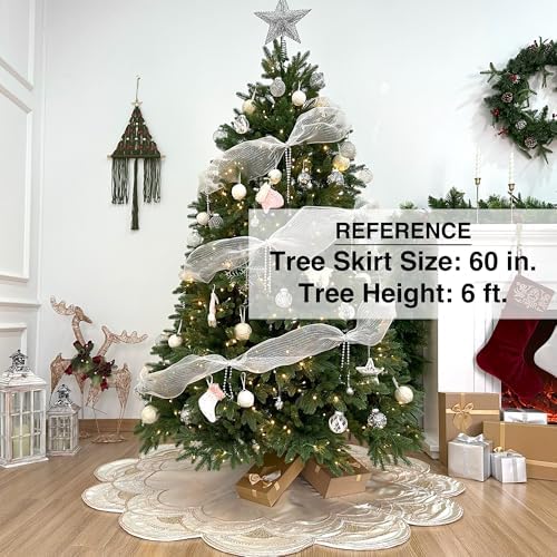 72-Inch Beaded Scalloped Satin Christmas Tree Skirt, Pearl White - Image 3