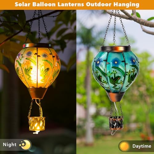 Starsoul Frog Hot Air Balloon Solar Lantern with Candle Holder Glass Outdoor Solar Hot Air Balloon Flickering Flame Lamp Hanging Garden Light Waterproof for Lawn Porch Tree Yard Decorations - Image 4