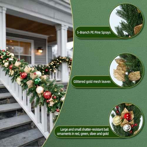 Hykolity 9 FT Pre-Lit Christmas Garland with 80 Warm White LED Lights and Timer, Battery Operated Artificial PE & PVC Garland with Multicolor Ornaments and Gold Glitter Leaves for Mantel and Staircase - Image 4