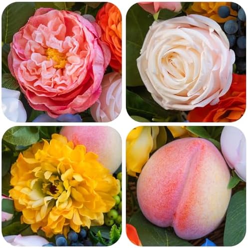Pinkpuii Spring Wreaths for Front Door 24 Inch Vibrant Spring Summer Wreath with Peonies,Roses,Marigolds,Blueberries & Realistic Fruit Accents (Peach, Lemon)- Ideal for Porch,Entryway,Wall,Window - Image 3
