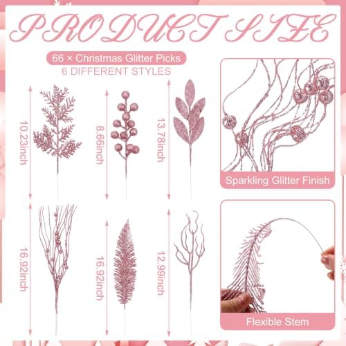 Pink 66 Pcs Christmas Glitter Picks and Sprays, Xmas Artificial Floral Stems Branches Berry Leaf Pine for Tree Topper Wreath Garland Centerpiece Holiday Party Home Decor - Image 2