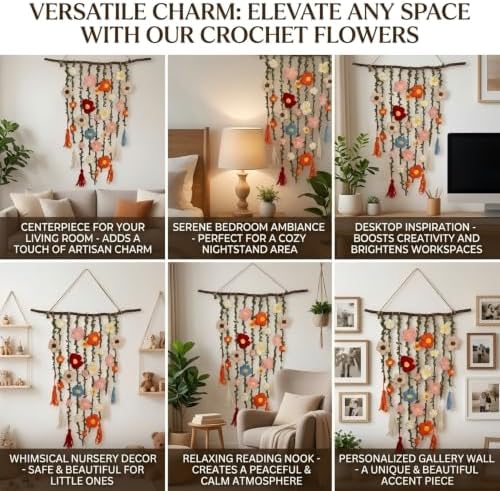 Handmade Crochet Flower Wall Hanging, Boho Macrame Wall Hanging Decor, Cotton Crochet Flowers for Bedroom Living Room Nursery, Cascading Floral Wall Art, Bohemian Farmhouse Wall Decor, 19.69x31.5 Inches - Image 4