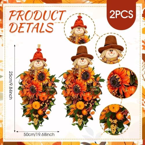 2 PCS Fall Scarecrow Teardrop Front Door Swag Wreath with Sunflower Pumpkin - Image 3