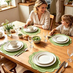 Whaline Green Linen Placemats Embroidered Round Scalloped Kitchen Place Mats for Spring Party Hotel Restaurant Kitchen Home Dining Table Decor, Set of 6, 15 x 15 in - Image 7