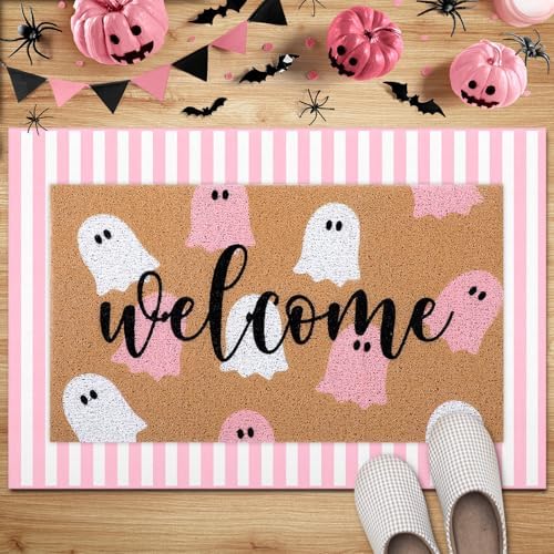 Tinideya 2 Pcs Halloween Ghost Layered Doormat Set, Pink White - Image 5