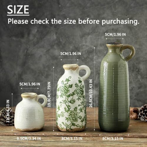 Vintage Vase Set of 3 with Handle, Ceramic Vintage Rustic Vases Home Decor Farmhouse Decorative Vase Pottery Decor Modern for Table Mantel Entryway Bookshelf Living Room Kitchen Bedroom - Green - Image 2