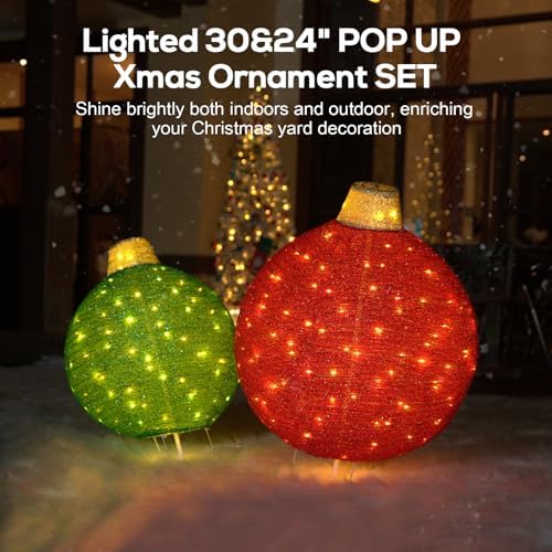 Hykolity 2 Pack 30" & 24" Pop-Up Iron Christmas Ornament Set, 230 Warm White LEDs with UL Transformer, 8 Light Functions & 18H Timer, Red & Green - Image 2