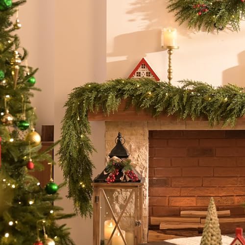 Valery Madelyn 6 Ft Artificial Norfolk Pine Garland for Mantle, Real Tough Christmas Cedar Garland with Light, Lighted Winter Pine Branches for Home Stairs Fireplace Table Indoor Outdoor Holiday Decor - Image 2