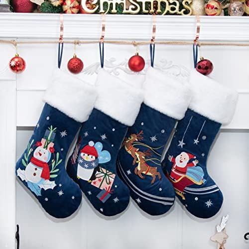 LUBOT Set of 4 Christmas Stockings (20inch) Blue Family Stocking Large Embroidered Flannel with Soft Faux Fur Fireplace Hanging Holiday Decorations 4 Pack by LUBOT