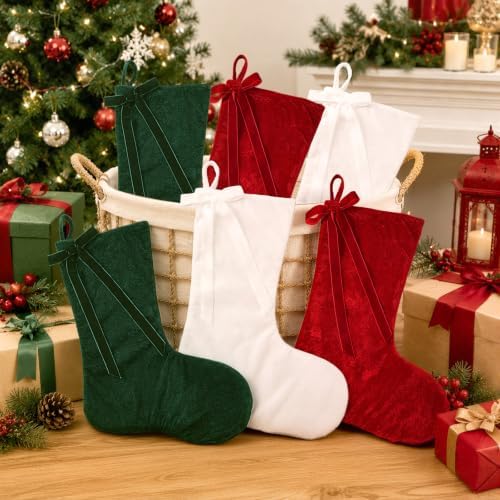 Leumoi 6 Pcs 18 Inch Farmhouse Velvet Christmas Stockings, Large Classic Multicolor Christmas Fireplace Stockings with Bow Country Rustic Velvet Hanging Decorations for Family Mantel Party Favors - Image 2
