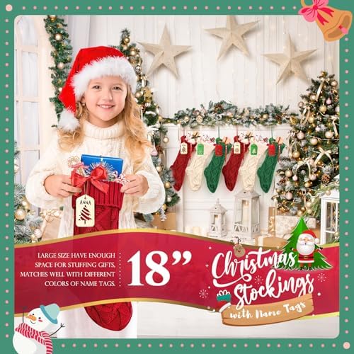 Christmas Stockings with Name Tags, Green Burgundy White, 6 Pcs - Image 2