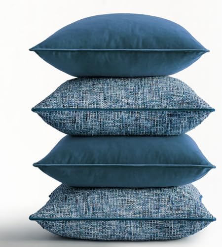 a moment Blue 4 Pack Throw Pillow Covers - Chenille & Velvet Set with Piping, Farmhouse Textured Design Pillow Cases for Couch Sofa Bed Livingroom (22x22 Inch, No Insert) - Image 6