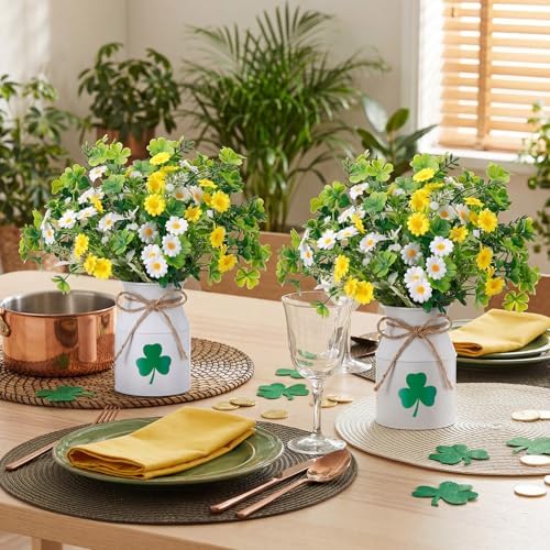 Canlierr 10 Pcs St. Patrick's Day Decorations Table Centerpiece Artificial Daisy Four Leaf Clover Branches with Vase Set Green Floral Arrangements for Home Farmhouse Party - Image 5
