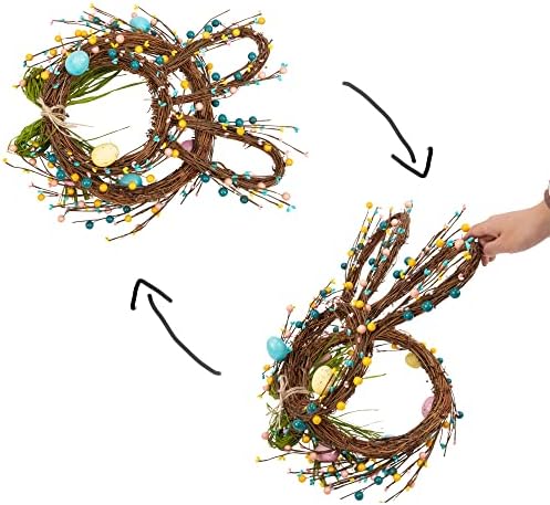 27 Inch Artificial Easter Wreath for Front Door Rabbit Wreath with Pastel Eggs and Mixed Twigs Spring Bunny with Raffia Bow for Easter Decorations - Image 5