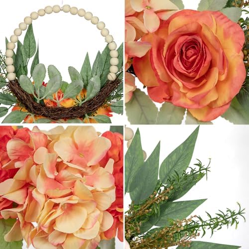 Spring Wreaths for Front Door 10" Artificial Floral Wood Bead Wreaths Eucalyptus Leaves Rose Hydrangea Wreaths for Front Door Boho Farmhouse Wall Decor 2 Pack - Orange - Image 3
