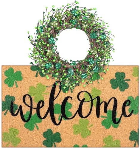 Tingjoo 2 Pcs St. Patrick's Day Coir Door Mat and Shamrock Wreath - Image 5