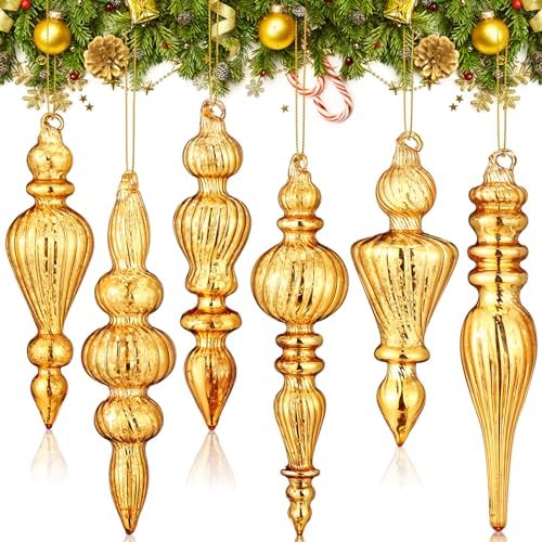 Soaoo 6 Pcs 6.3 in Champagne Gold Mercury Glass Finial Christmas Ornaments by Soaoo