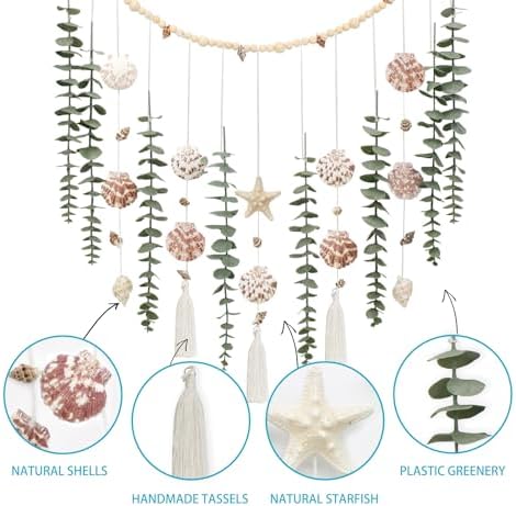 Artificial Eucalyptus Wall Decor with Seashell Coastal Decor Natural Home Decorations Hanging Wooden Bead Garland for Large Bedroom Bathroom Living Room, 32 x 32 Inch - Image 2