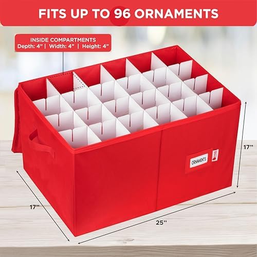 Christmas Ornament Storage Container with Dividers - Box Stores Up to 96 Ornaments, Zippered, Convenient, Adjustable, Large Organizer Bin to Protect Holiday Décor, Fits Most Standard Size, Red - Image 4