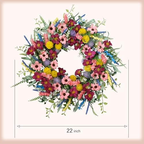 22 Inches Artificial Floral Wreath for Front Door Colorful Daisy and Green Leaves Wreath for Spring/Summer Indoor Outdoor Farmhouse Decor - Image 3