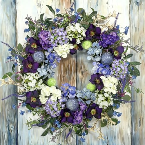24-Inch Colorful Flower Wreath for Front Door – Hydrangeas, Lavender Wreath, Spring Summer Artificial Wild Flower Greenery Leaves for All Seasons – Farmhouse Home Wall Indoor Outdoor Window Decor by Unknown
