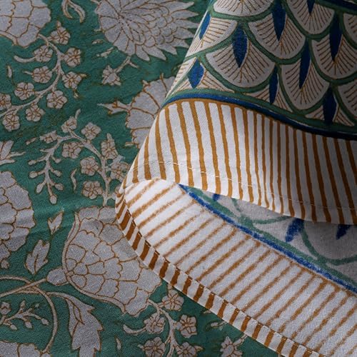 Ridhi Block Print Round Tablecloth Turquoise Moss Green 60 Inch 100% Cotton - Image 3