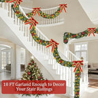 Super Long 8 Modes & Timer 18 Ft Prelit Christmas Garland for Outdoor Indoor Stair Porch 100 Warm White Lights 470 Realistic Snowy Branch Tips Red Berries Pinecone Xmas Garland Decorations Door Mantle - Image 2