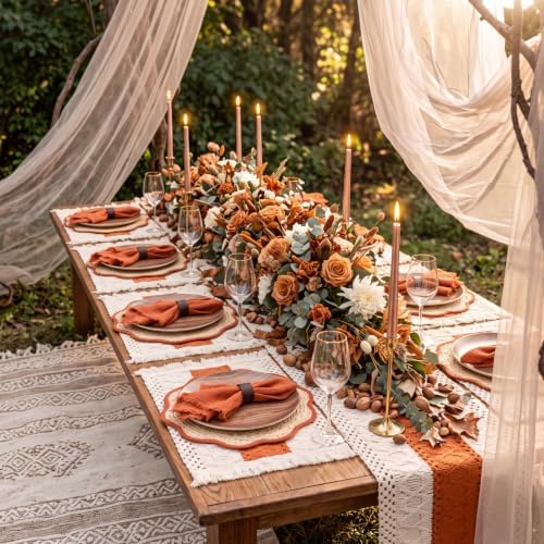 8 Set Boho Placemats with Table Runner, Scalloped Woven, Orange - Image 3