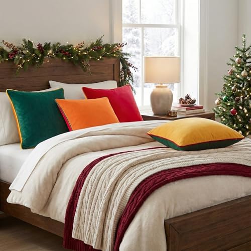 Mecatny Velvet Decorative Throw Pillow Covers 20x20 Set of 4 Green/Red - Image 6