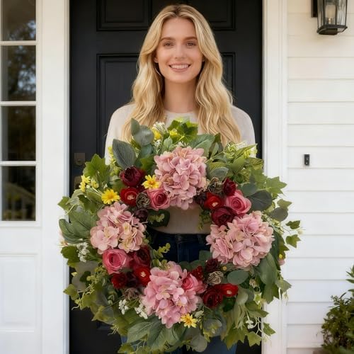 HipTree 24 Inch Spring Wreaths for Front Door with Hydrangeas Roses - Image 6
