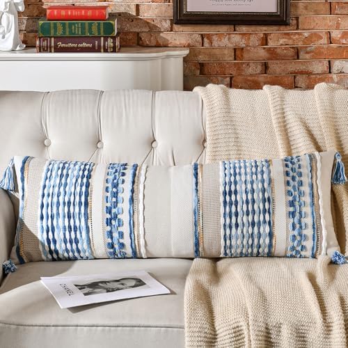AmHoo Chenille Striped Textured Boho Throw Pillow Covers Aesthetic with Tassels Woven Decorative Pillow Case for Couch Bed Sofa Bedroom Modern Funky 14 x 36-Inch Sky Blue by AmHootextile