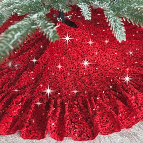 Red Tree Skirt 45 Inch Sequin Christmas Tree Skirt Ruffle by Unknown