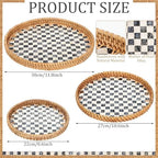 3 Pack Round Rattan Tray with Mother of Pearl Inlay Rattan Serving Tray for Coffee Bread Fruits Decorative Wicker Serving Platter for Table Home Kitchen Decor Black Checkerboard Style, 3 Size - Image 2