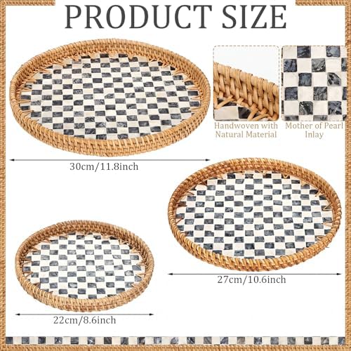 3 Pack Round Rattan Tray with Mother of Pearl Inlay Rattan Serving Tray for Coffee Bread Fruits Decorative Wicker Serving Platter for Table Home Kitchen Decor Black Checkerboard Style, 3 Size - Image 2