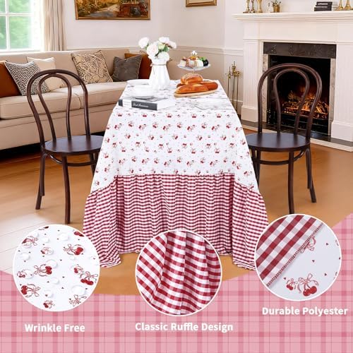 Red Ruffle Tablecloth Plaid Table Cloth - 90 x 132 Inch Waterproof Tablecloths Rectangle Washable Polyester Red bow Table Cover for Birthday Wedding Dinner Picnic Mother's Day Party Decoration - Image 4