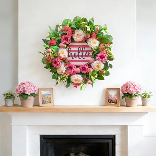 Spring Summer Wreaths for Front Door Outside, 24 Inch Peony & Rose Floral Summer Wreath with Pink Peach Farmhouse Door Decor, Spring Wreaths for Front Door, Spring Door Wreath for Front Door Outside - Image 3