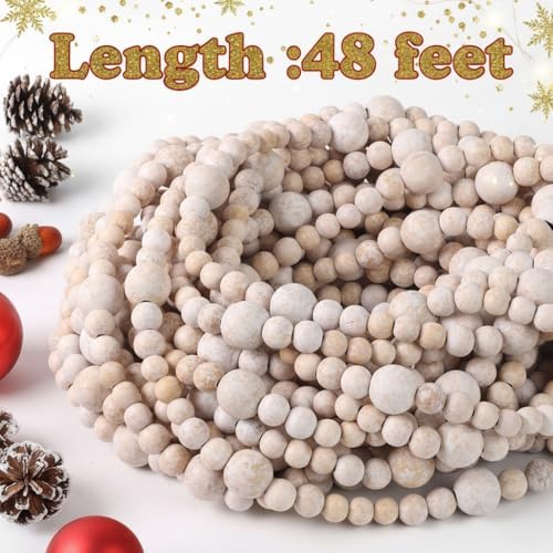 48Ft Christmas Wood Bead Garland Rustic Holiday Decor (Vintage Wood Beads) - Image 2