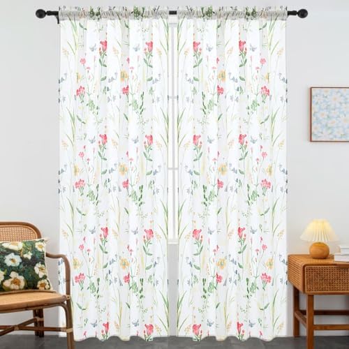 youleyar Floral Curtains 96 Inches Long for Living Room 2 Panels Printed Pattern Curtain Rod Pocket Spring Summer Watercolor Flowers/Leaves Window Drapes for Girls Bedroom, 52" W x 96" L - Image 2