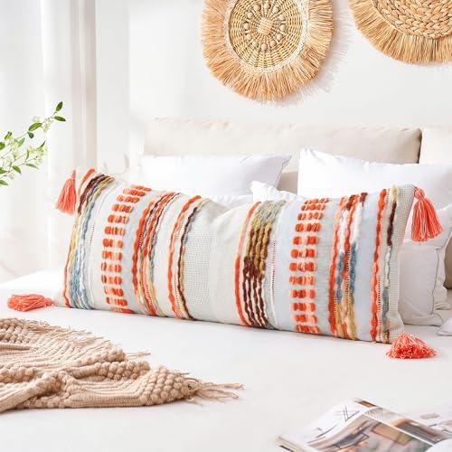 NUYECY Chenille and Cotton Long Pillow for Bed, Striped Textured Boho Lumbar Throw Pillow Cover 16x36, Neutral Accent Decorative Extra Long Body Pillow Case for Couch, Sofa, Bedroom, Red by NUYECY
