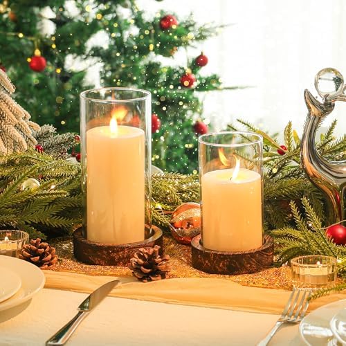 Ronasip Set of 2 Hurricane Candle Holders with Wood Base & Glass Cylinder (4.2x5.9” & 4.6x7.8”) – Rustic Wooden Candle Holders for Home Decor, Weddings, Table Centerpieces (2, Brown) - Image 3