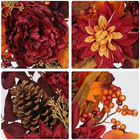 24" Artificial Fall Floral Wreath for Front Door Autumn Wreath with Peony Dahlia Pine Cones for Halloween Thanksgiving Farmhouse Window Wall Décor - Image 2