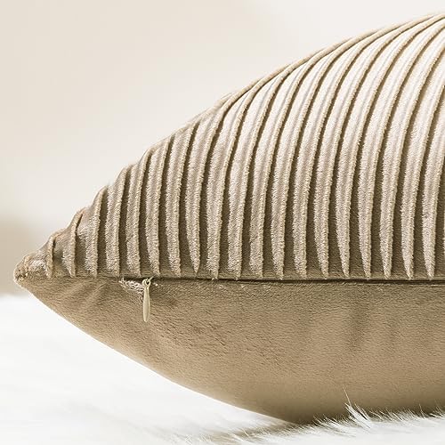 YCOLL Khaki Pillow Covers 26x26 Set of 2 Velvet Striped Pattern - Soft Throw Pillows for Home Decor, Luxury Decorative Pillow Covers for Couch, Bed,Living Room - Image 2