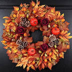 24 Inch Fall Wreath for Front Door, Autumn Wreath with Pumpkins, Roses, Maple Leaves, Harvest Fall Door Wreath for Porch, Window, Mantel, Thanksgiving Farmhouse Decor by Bibelot