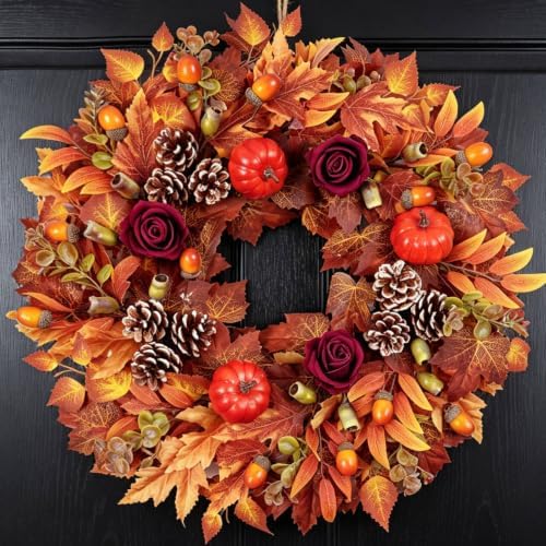 24 Inch Fall Wreath for Front Door, Autumn Wreath with Pumpkins, Roses, Maple Leaves, Harvest Fall Door Wreath for Porch, Window, Mantel, Thanksgiving Farmhouse Decor by Bibelot