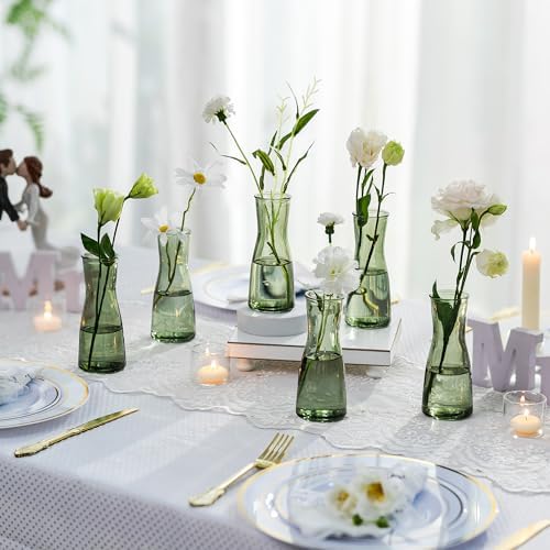 Glasseam Glass Bud Vases for Centerpieces: Clear Flower Vase Set of 12 Modern Small Vases for Flowers Minimalist Cute Decorative Vases for Decor Wedding Table Dining Room Decoration Green - Image 2