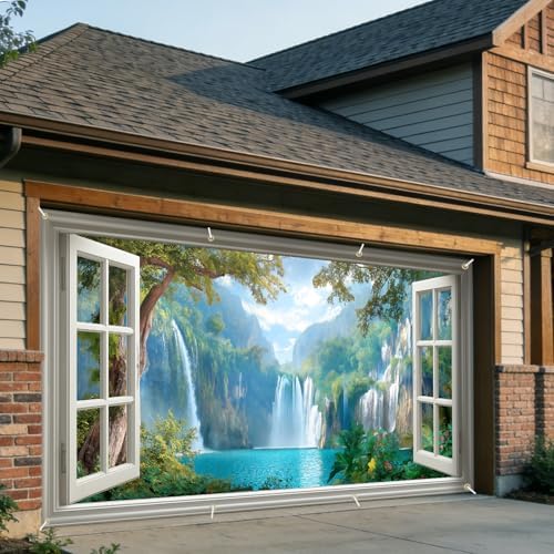 6x13 FT Window View Waterfall Garage Door Banner -Tropical Rainforest Scenic Backdrop, Large Indoor Garage Door Cover,Nature Landscape Decoration for Home Yard,Patio,Holiday Party - Image 4