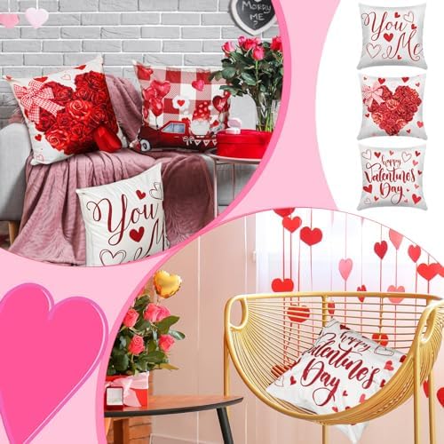 Hosuly 12 Pcs Valentines Day Throw Pillow Covers 18" x 18" Red White Love Kisses Hugs Throw Pillow Covers Valentines Day Decorative Cushion for Sofa Couch Bedroom Home Farmhouse Decorations - Image 3