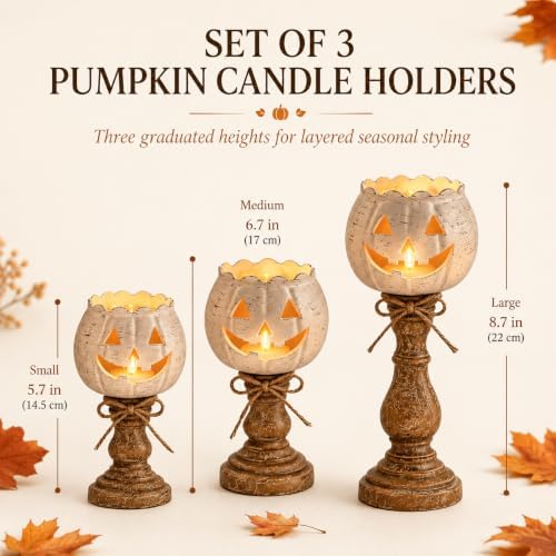Pumpkin Candle Holder, Rustic White Jack-O'-Lantern Tea Light Holder for Halloween and Fall Decor, Farmhouse Tabletop Mantel Entryway Decoration, Large 8.7 Inch, 1 Piece - Image 2